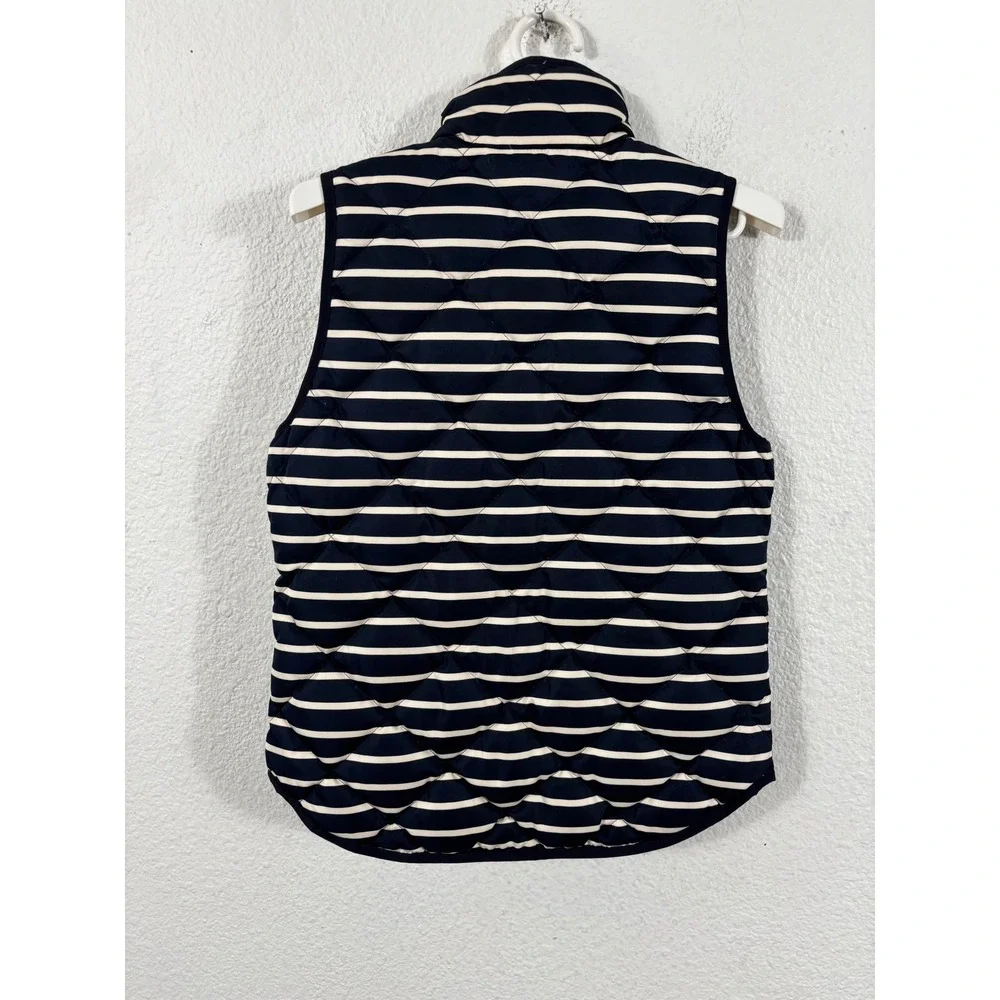 J Crew Quilted Puffer Vest Navy Blue Beige Stripe XS Sleeveless Full Zip Pockets